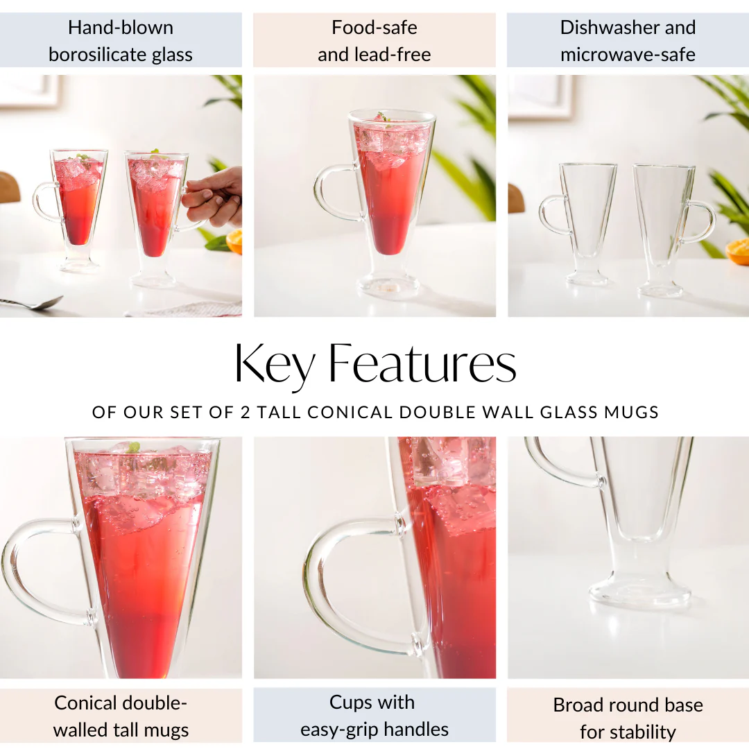 Set Of 2 Tall Double Wall Glass With Handle 250ml - Image 5