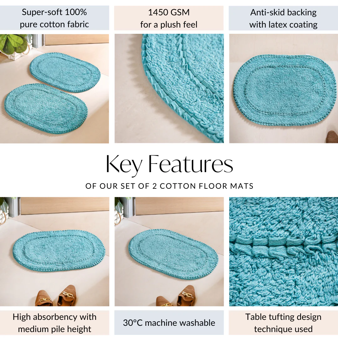 Set Of 2 Tufted Pure Cotton Door Mat Blue 24x16 Inch - Image 6