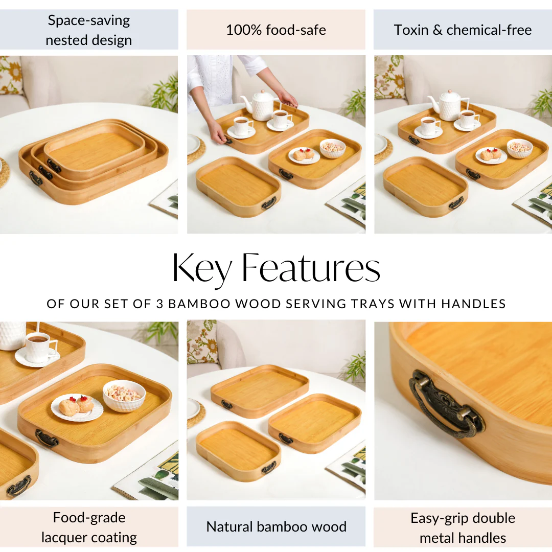 Set Of 3 Bamboo Wood Serving Trays With Handles - Image 5