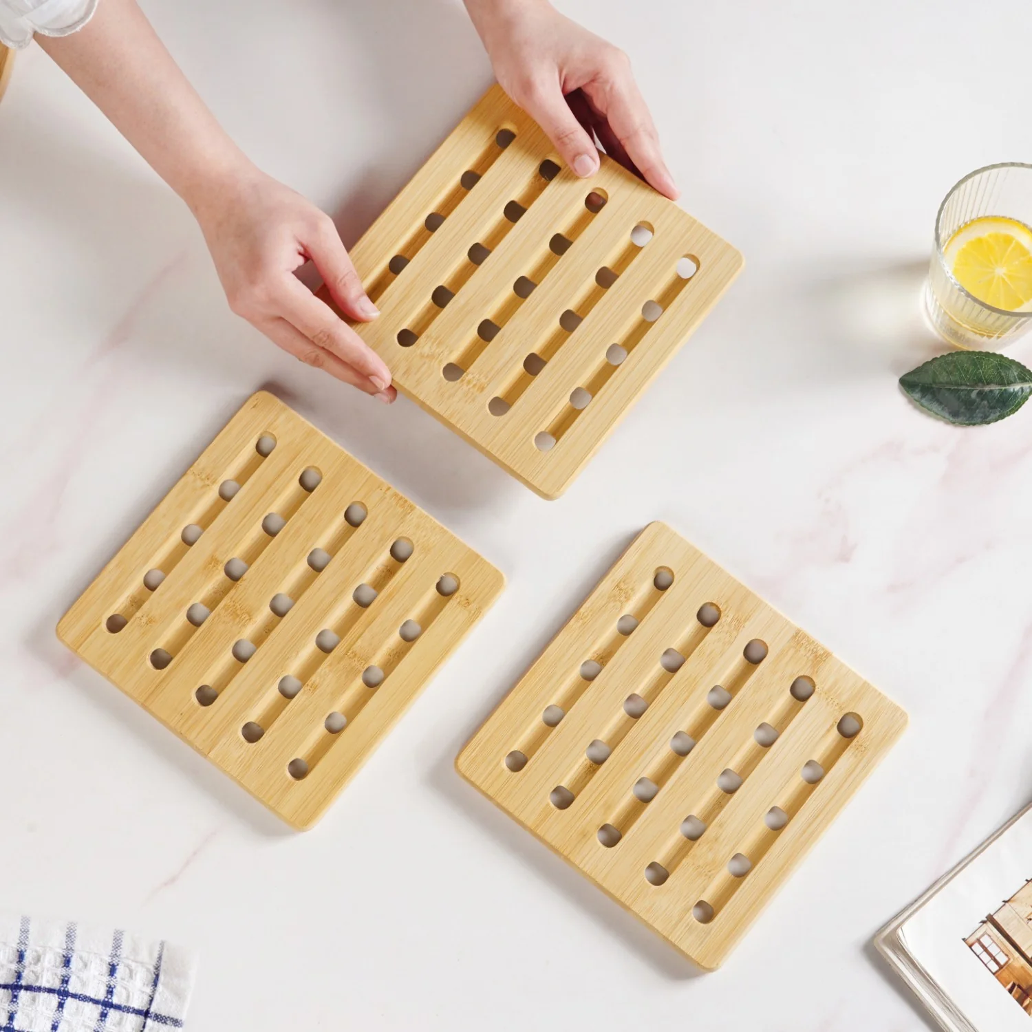 Set Of 3 Bamboo Wood Square Trivet - Image 3