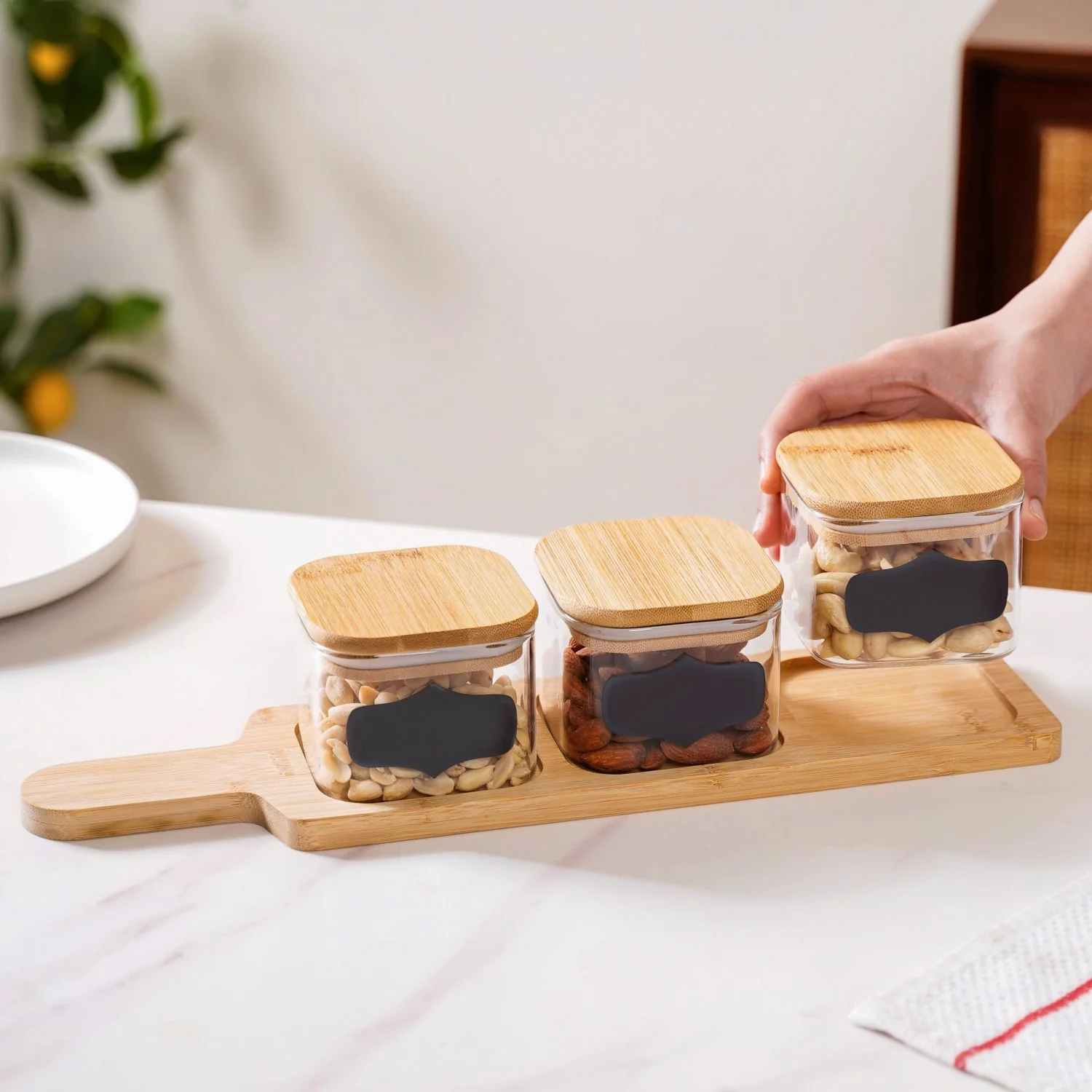 Set Of 3 Clear Glass Chalkboard Snack Serving Jars With Tray 350ml - Image 2