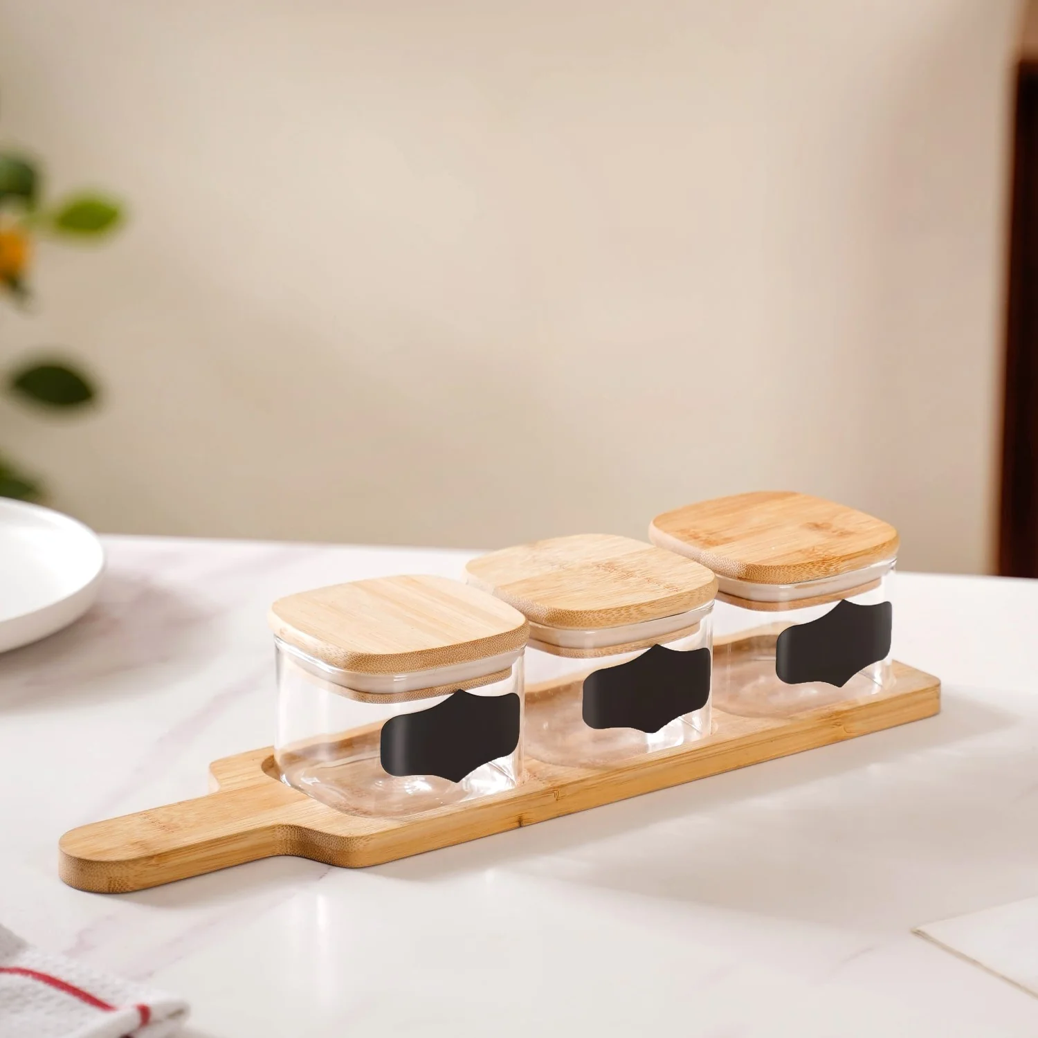 Set Of 3 Clear Glass Chalkboard Snack Serving Jars With Tray 350ml - Image 3