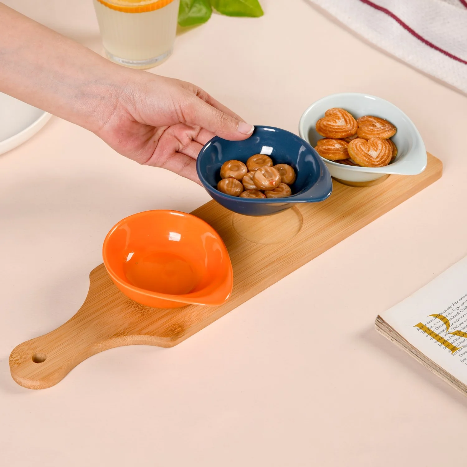 Set Of 3 Colourful Ceramic Bowls With Bamboo Tray 100ml - Image 2