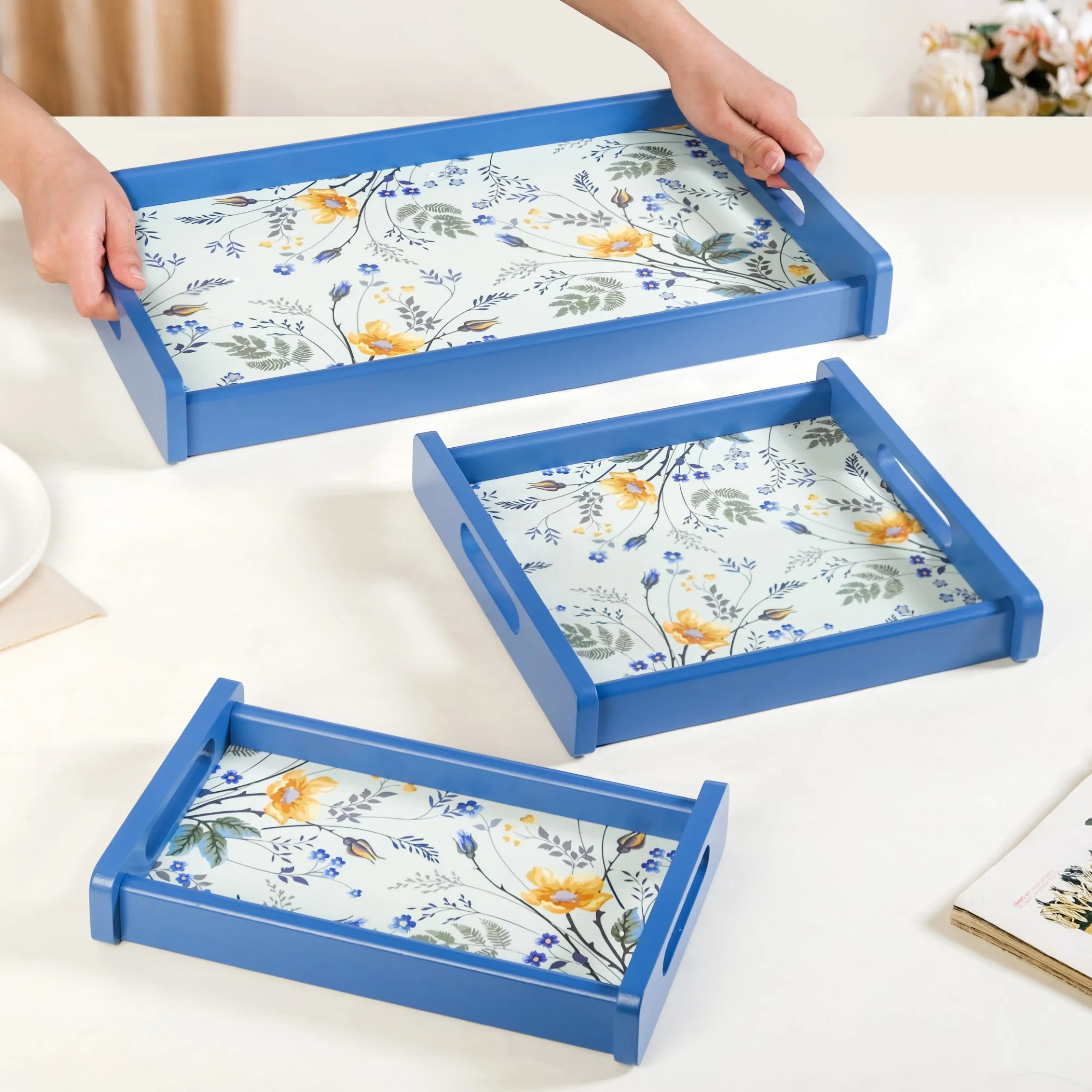 Set Of 3 Flower Field Wooden Serving Trays - Image 12