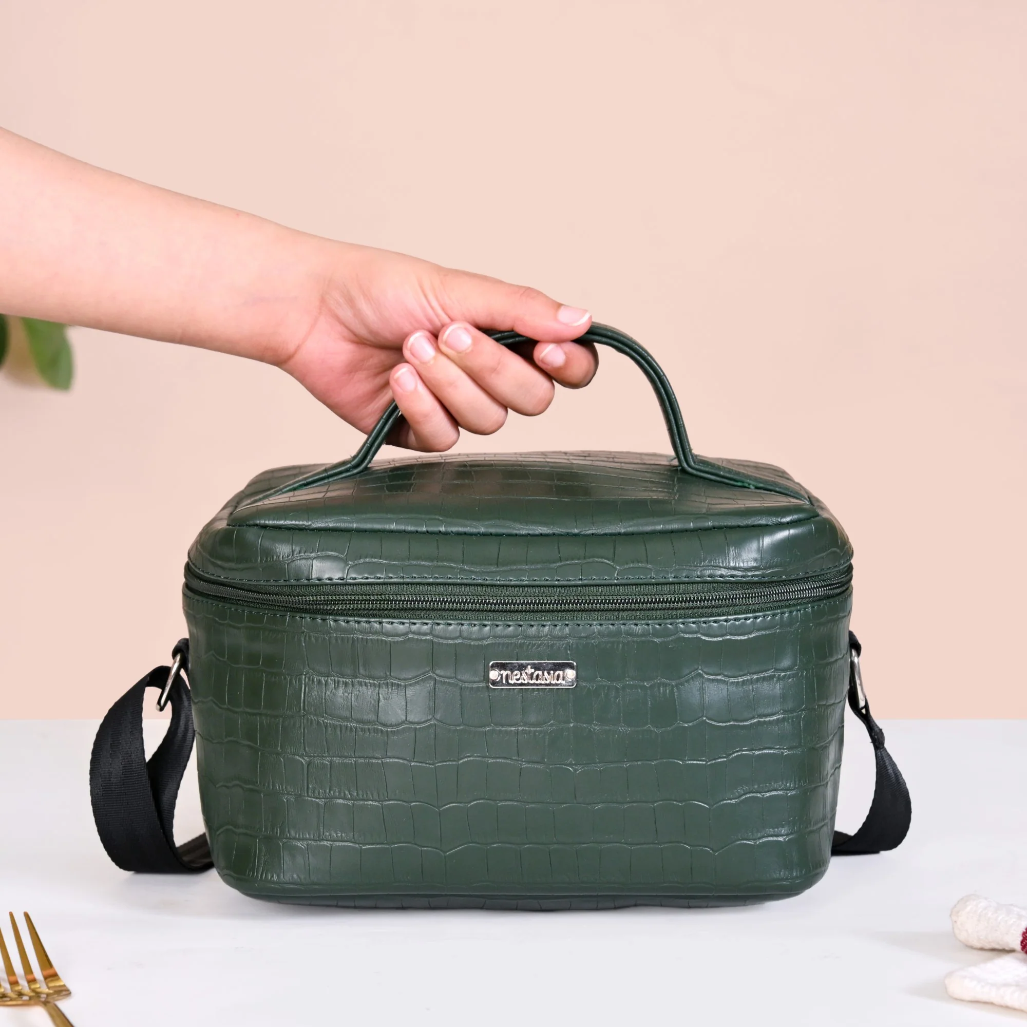 Set of 3 Lunch Box Lunch Bag Set Faux Leather Green - Image 7
