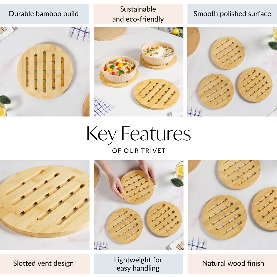 Set Of 3 Round Bamboo Wood Trivet - Image 4