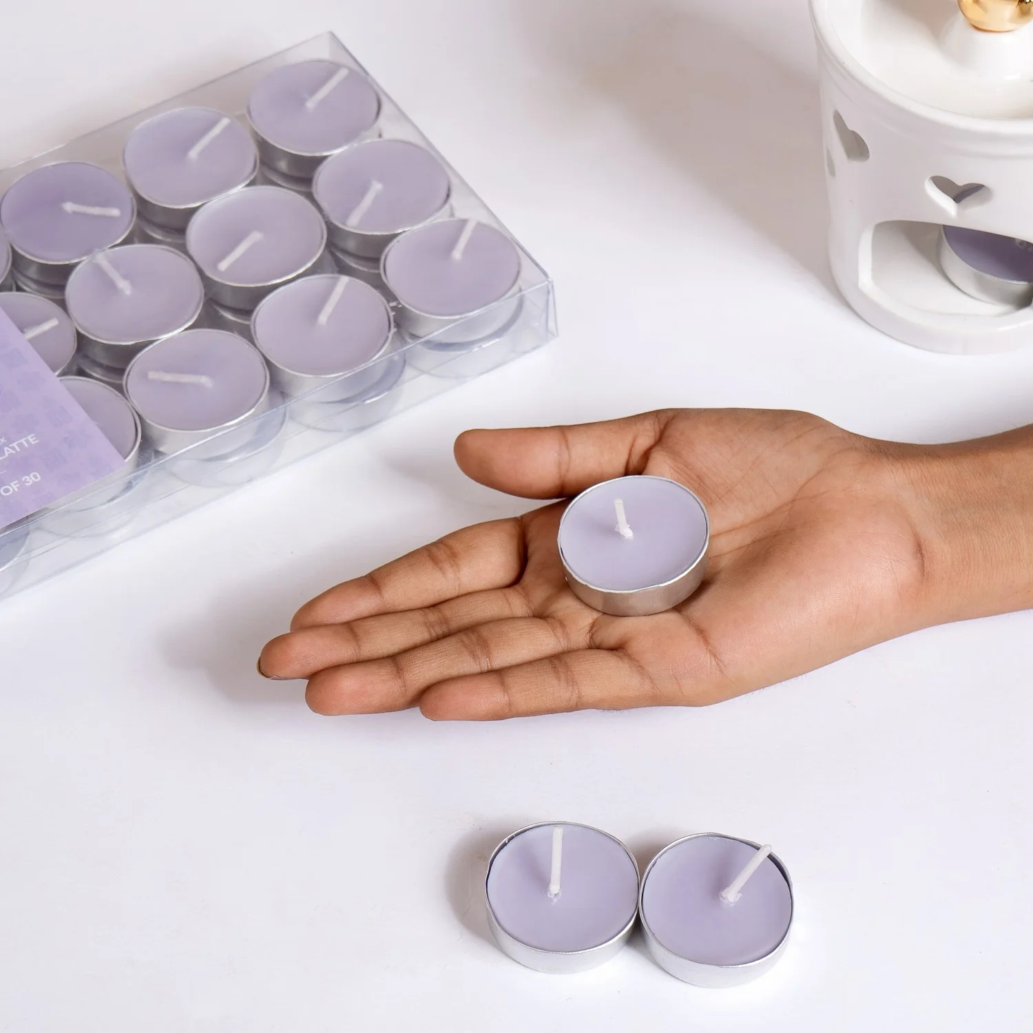 Set Of 30 Lavender Latte Scented Tealights For Home Decor - Image 7