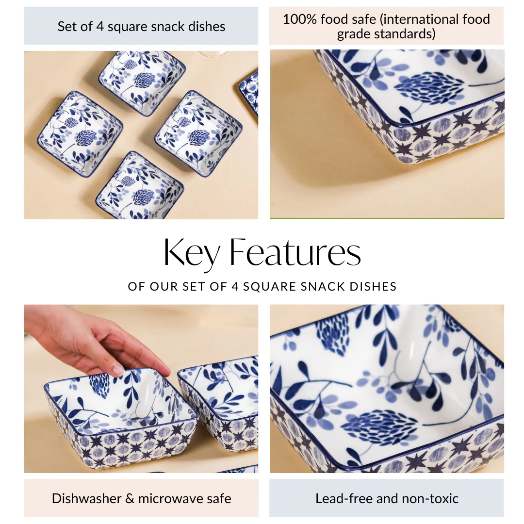 Set Of 4 Blue Blossom Square Snack Bowls 600ml - Image 5