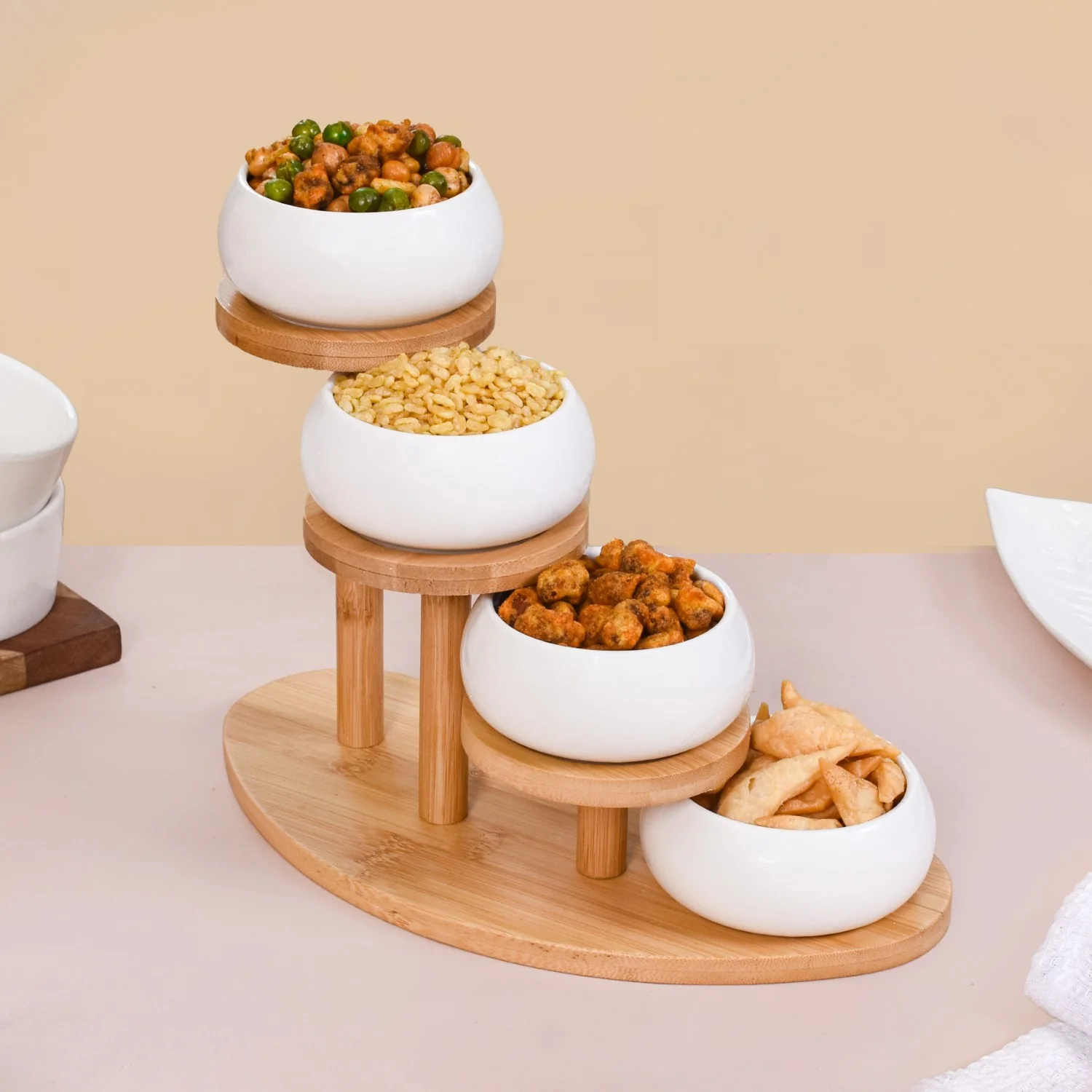Set Of 4 Ceramic Bowls With Staircase Wooden Stand - Image 10