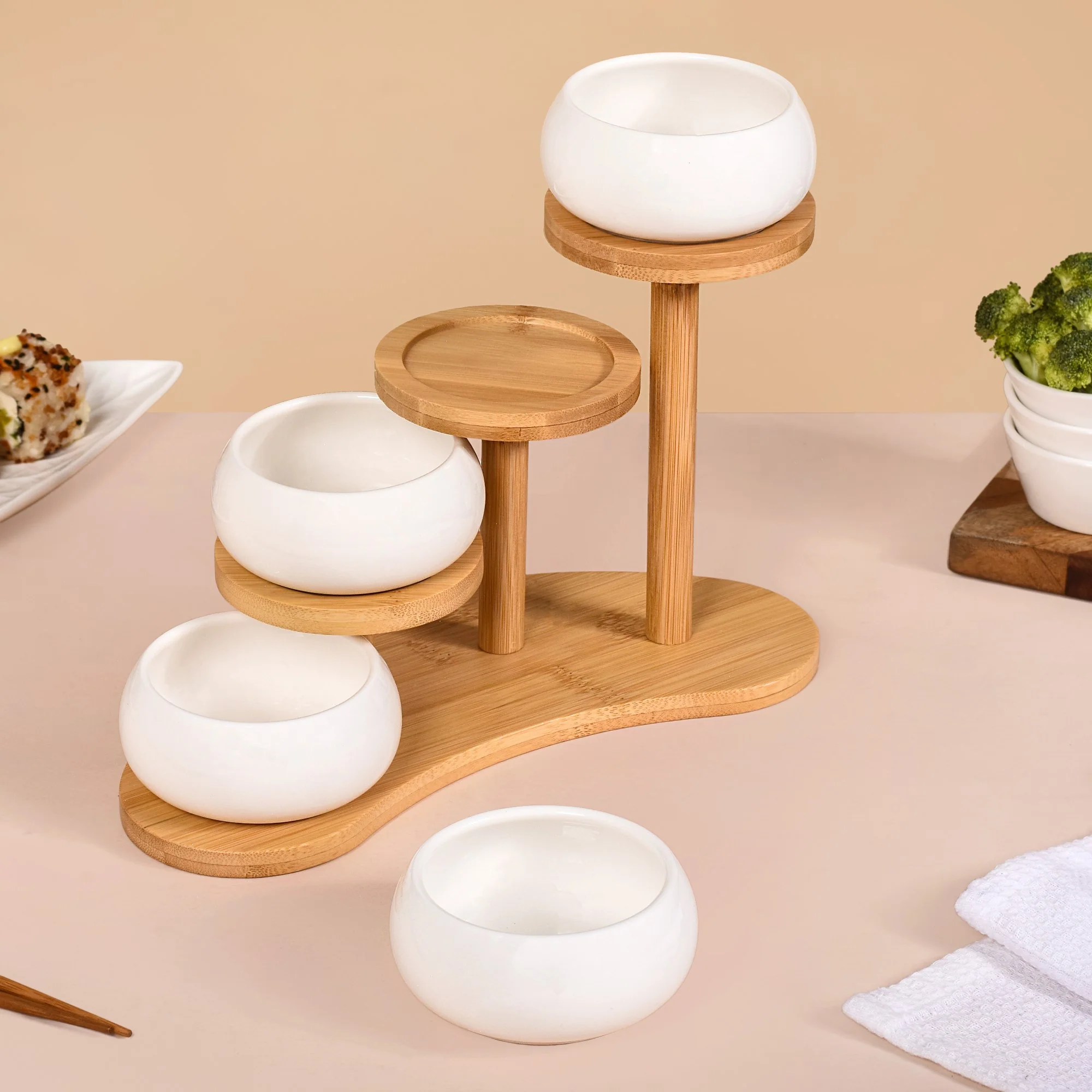 Set Of 4 Ceramic Bowls With Staircase Wooden Stand - Image 6