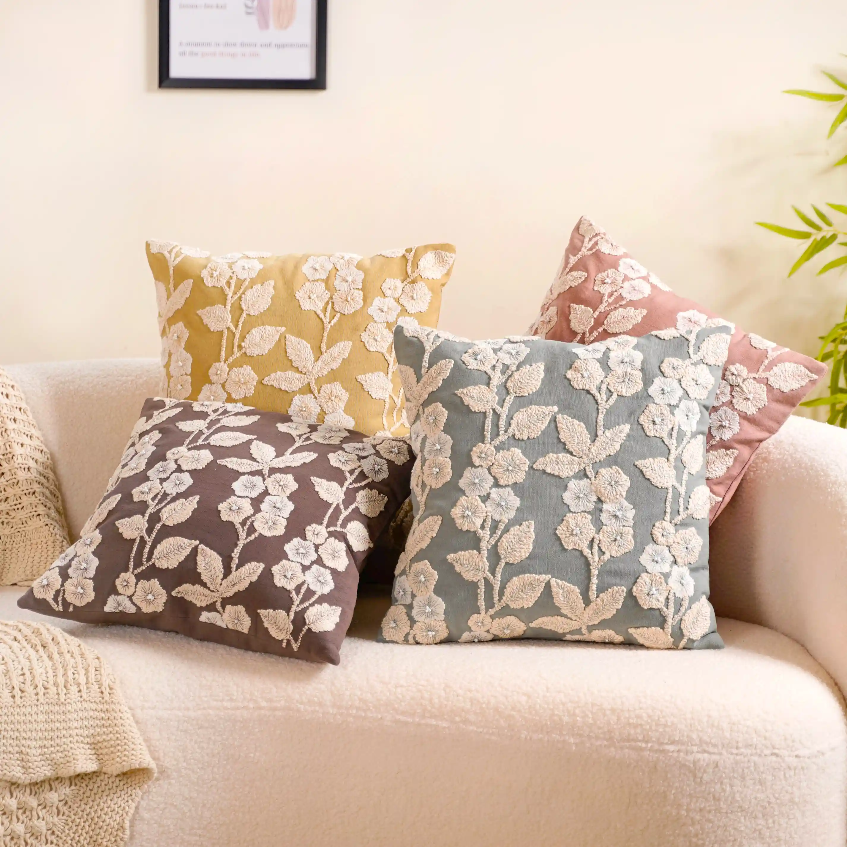 Set Of 4 Colourful Floral Embroidered Cushion Cover 16x16 Inch - Image 17