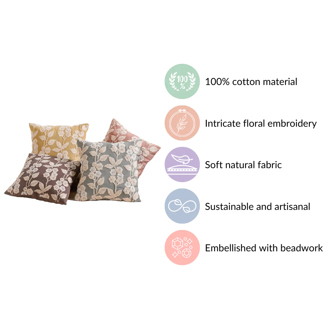 Set Of 4 Colourful Floral Embroidered Cushion Cover 16x16 Inch - Image 6