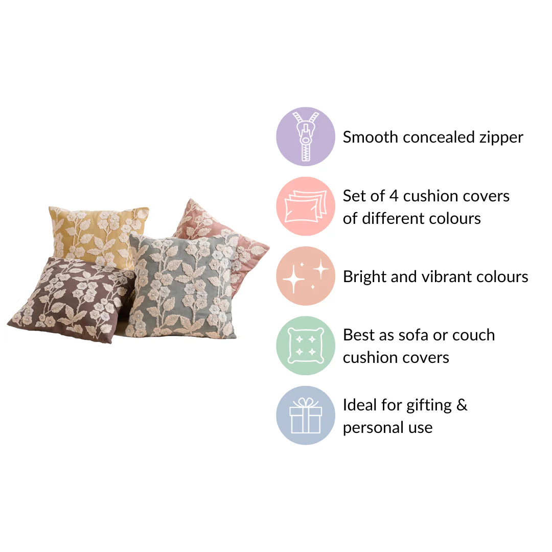 Set Of 4 Colourful Floral Embroidered Cushion Cover 16x16 Inch - Image 7