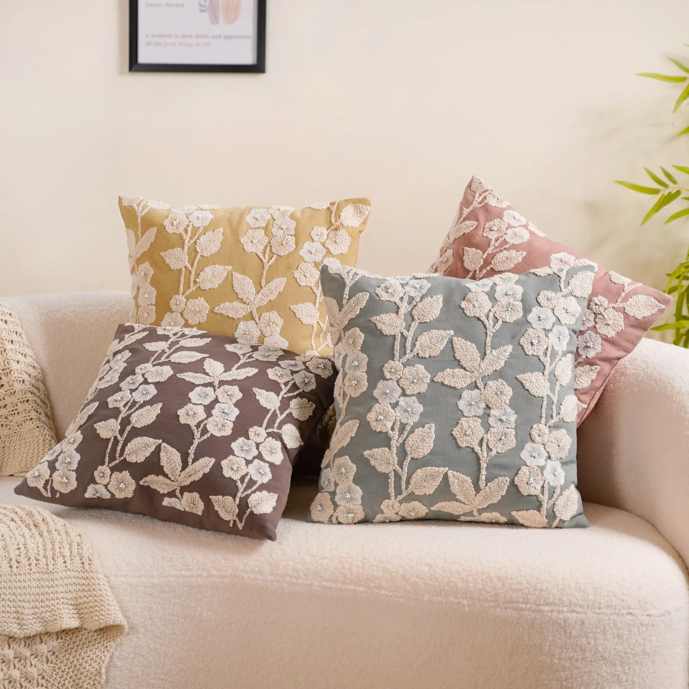 Set Of 4 Colourful Floral Embroidered Cushion Cover 16x16 Inch - Image 9