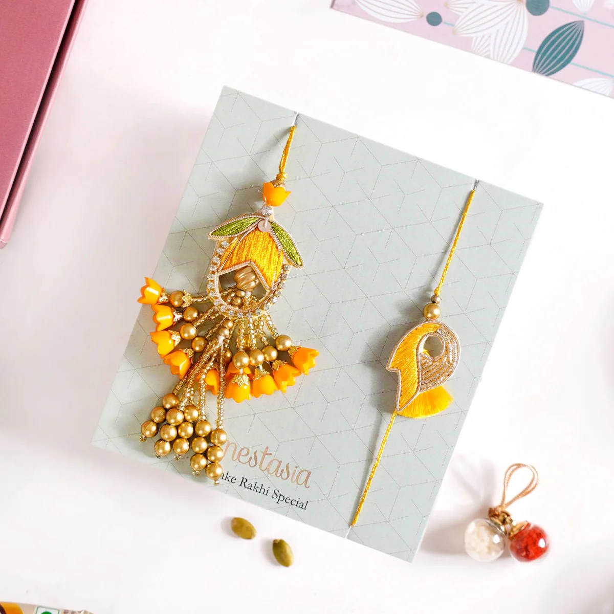 Set Of 4 Couple Yellow Rakhi And Lumba Gift Box - Image 3