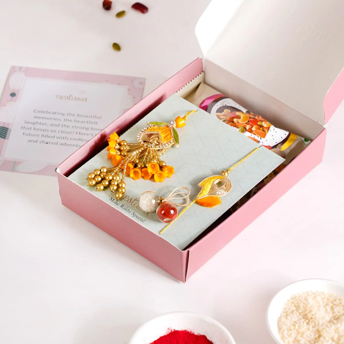 Set Of 4 Couple Yellow Rakhi And Lumba Gift Box - Image 4