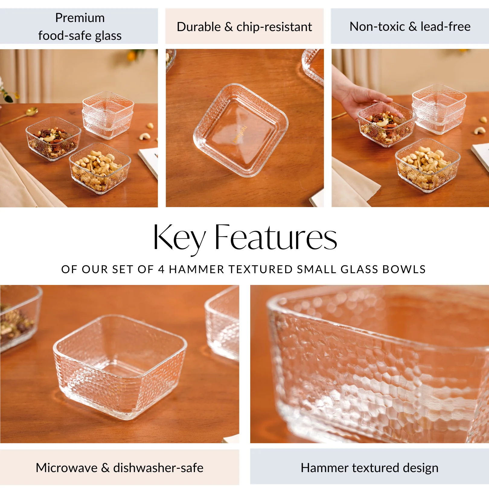 Set Of 4 Glass Bowls Square Textured 300ml - Image 5