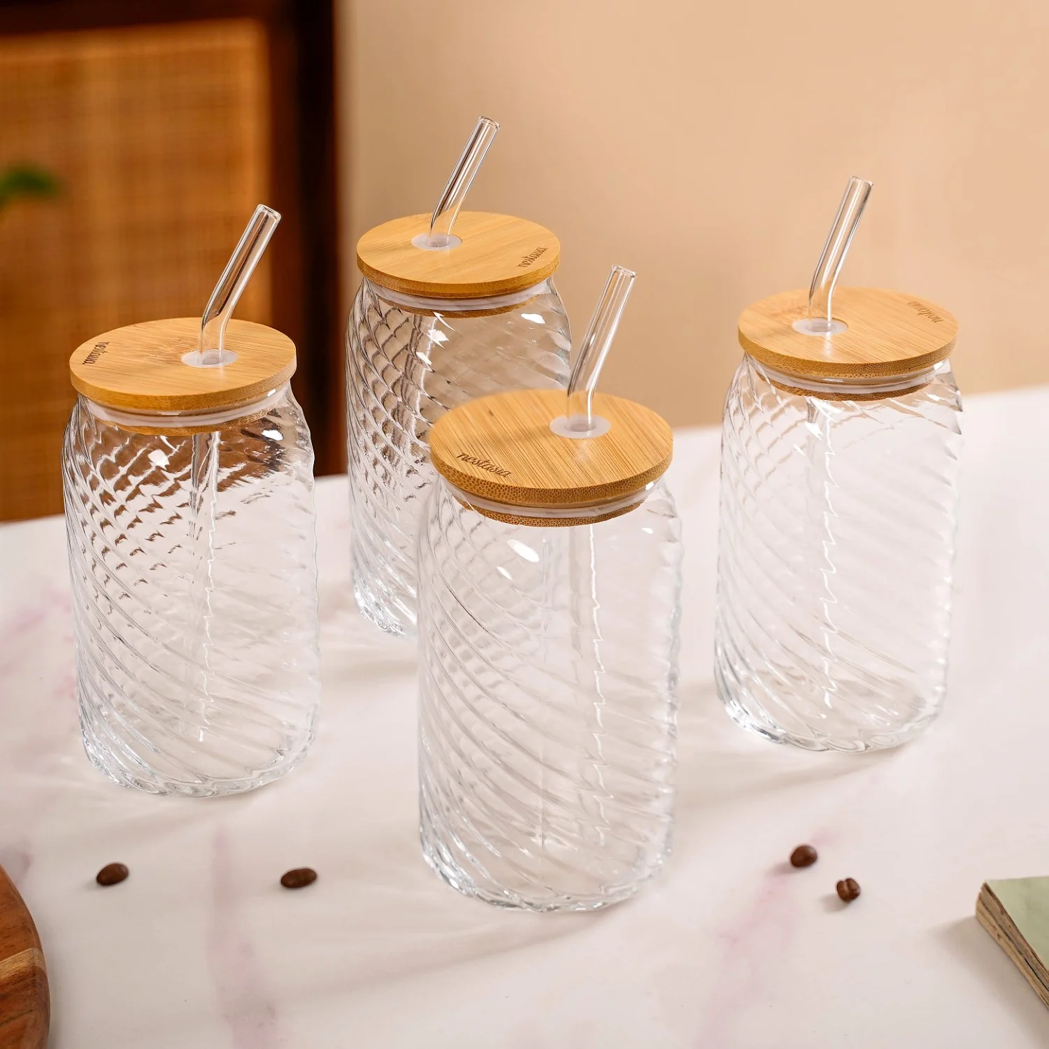 Set Of 4 Glass Tumblers With Wooden Lids And Glass Straws 500ml - Image 2