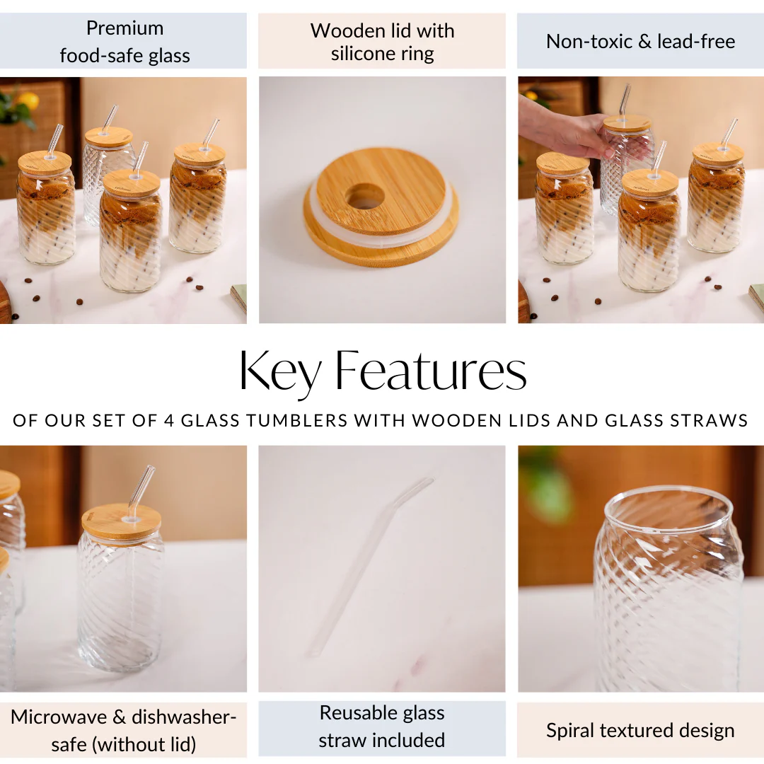 Set Of 4 Glass Tumblers With Wooden Lids And Glass Straws 500ml - Image 5