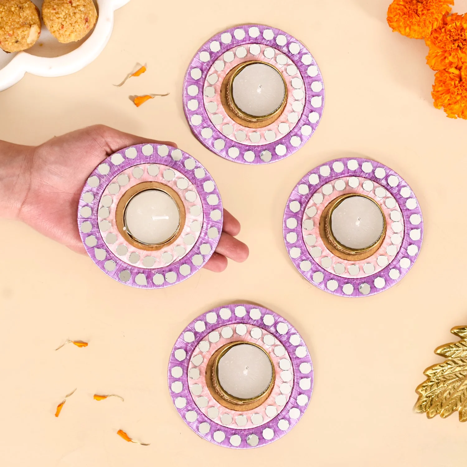 Set Of 4 Lavender Tealight Holders With Mirror Embellishment - Image 2