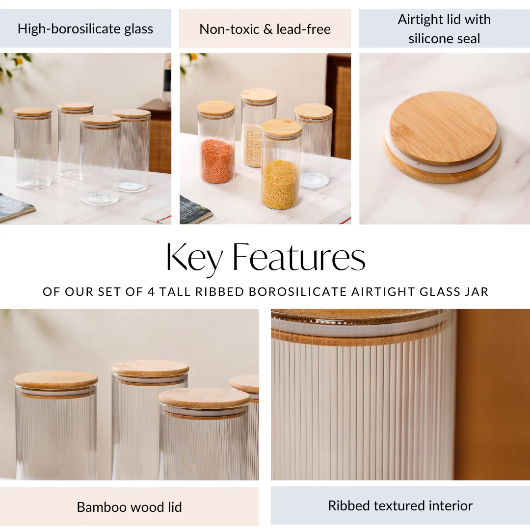 Set Of 4 Tall Fluted Borosilicate Airtight Glass Jar 1500ml - Image 5
