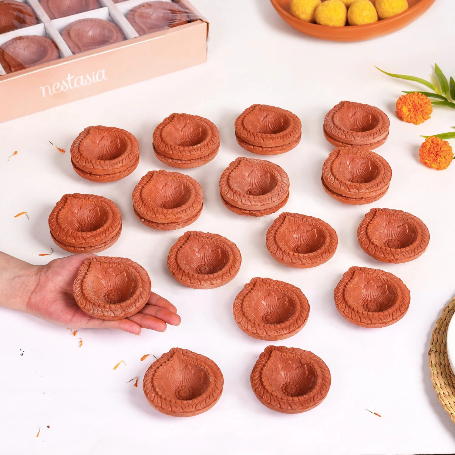 Set Of 48 Flower Motif Carved Earthen Clay Diyas - Image 3