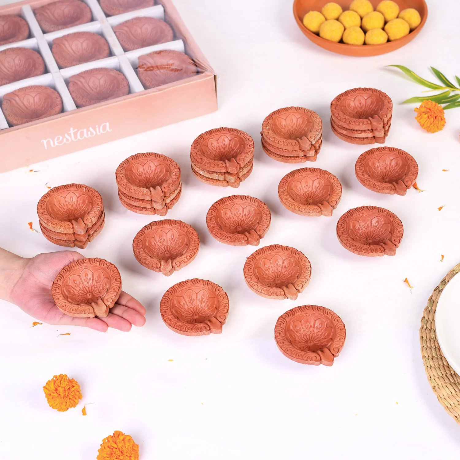 Set Of 48 Sustainable Engraved Terracotta Diyas - Image 7