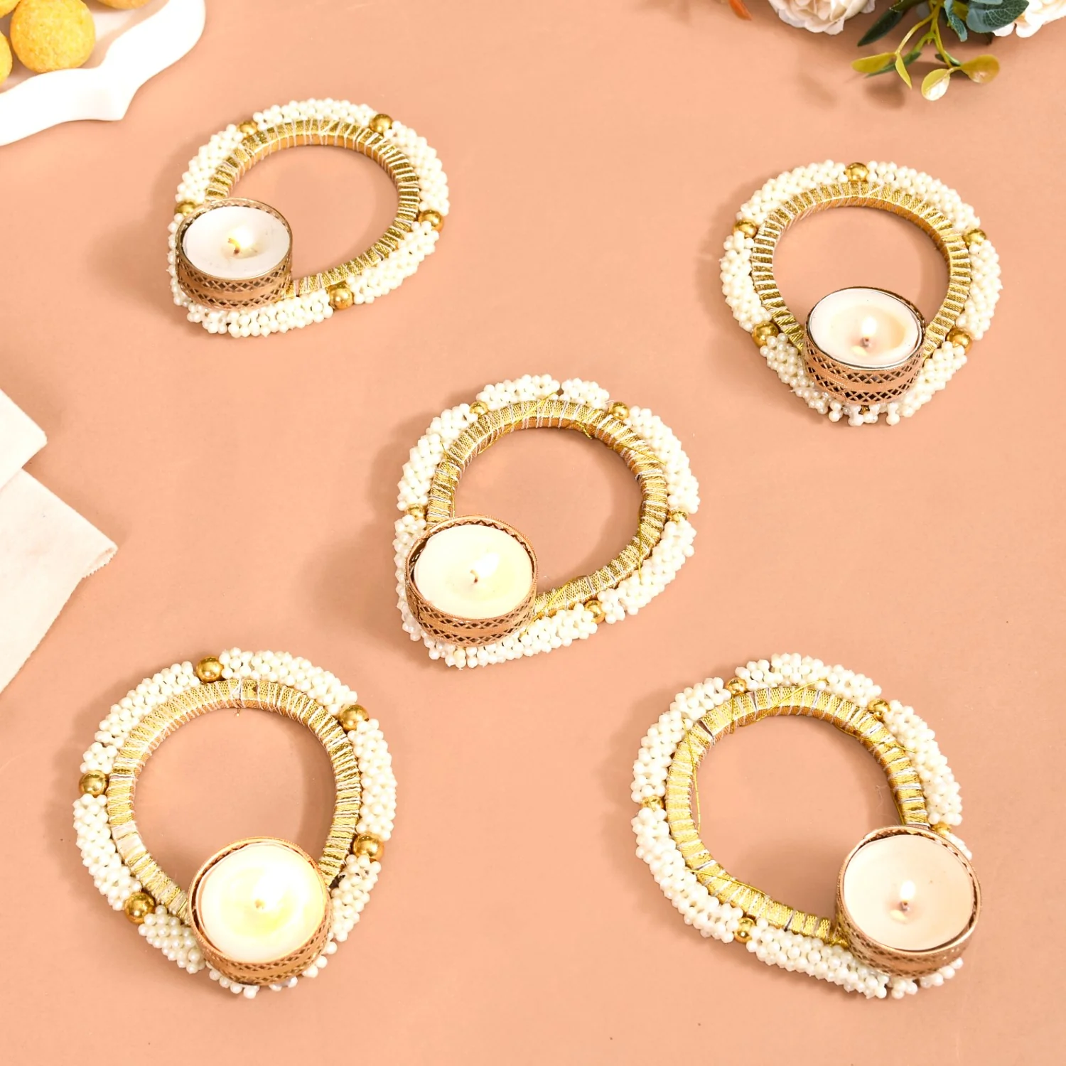Set Of 5 Faux Pearl Clustered Tea Light Holders - Image 2