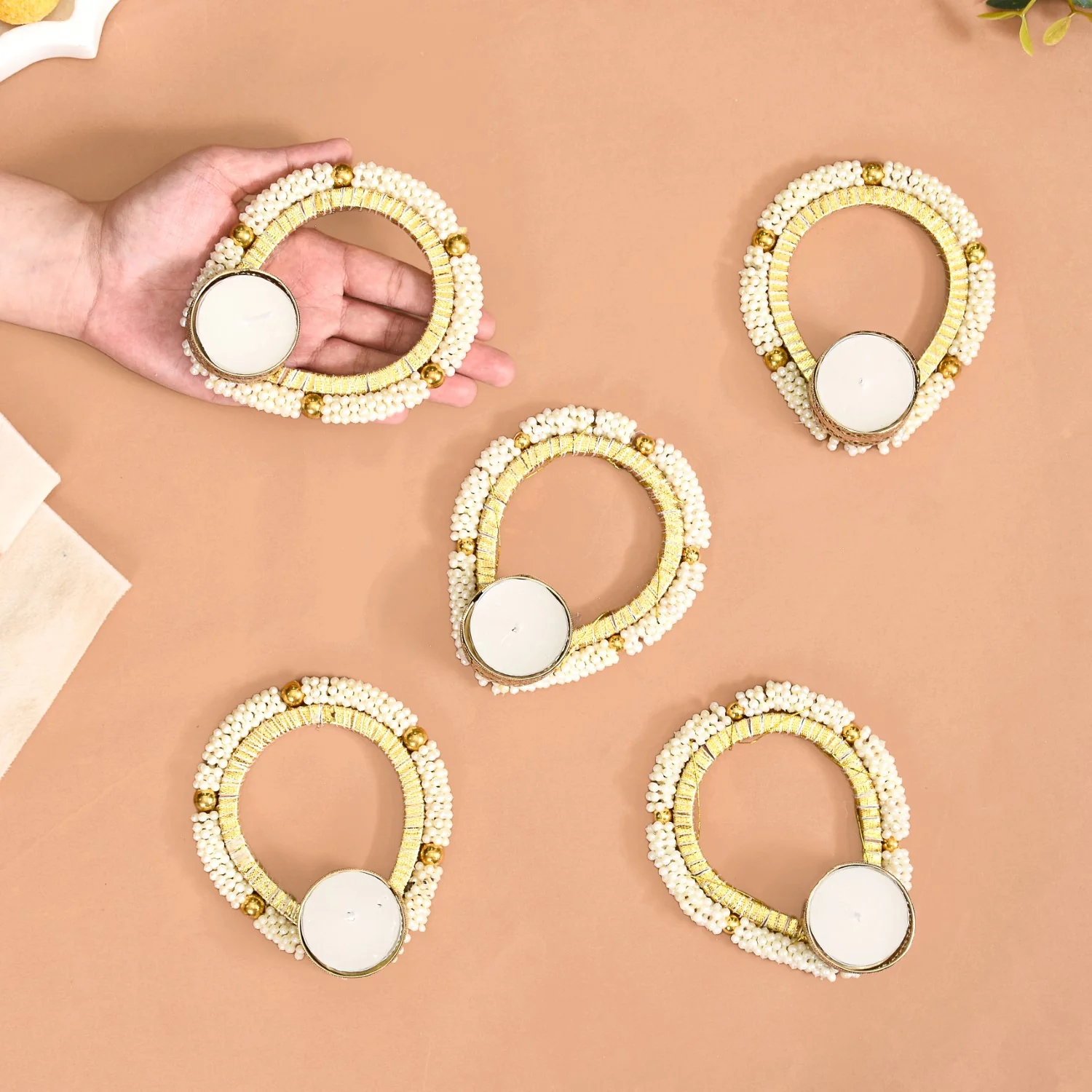Set Of 5 Faux Pearl Clustered Tea Light Holders - Image 3