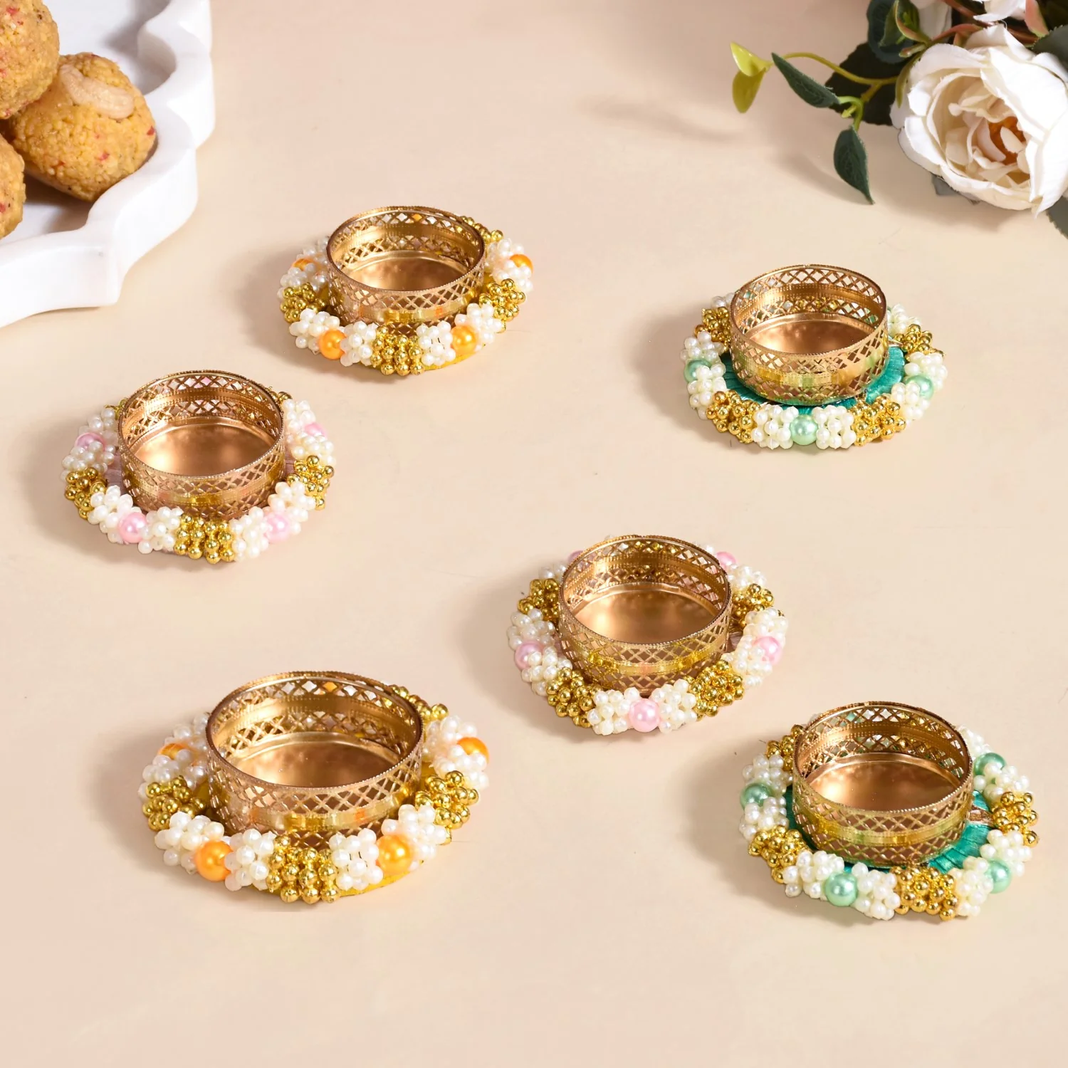 Set Of 6 Beaded Festive Tea Light Holders - Image 2