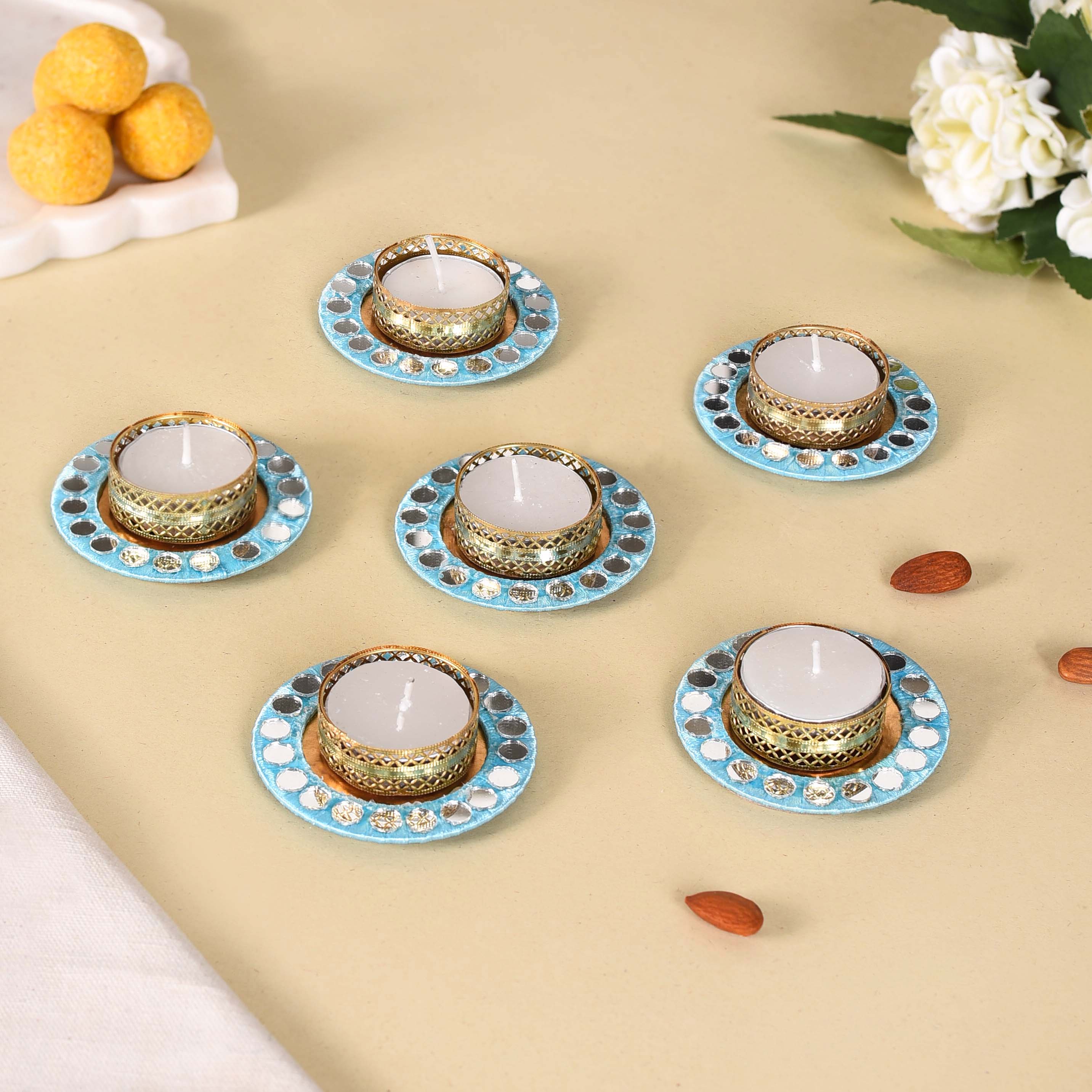 Set Of 6 Blue Mirrorwork Tea Light Candle Holders - Image 2