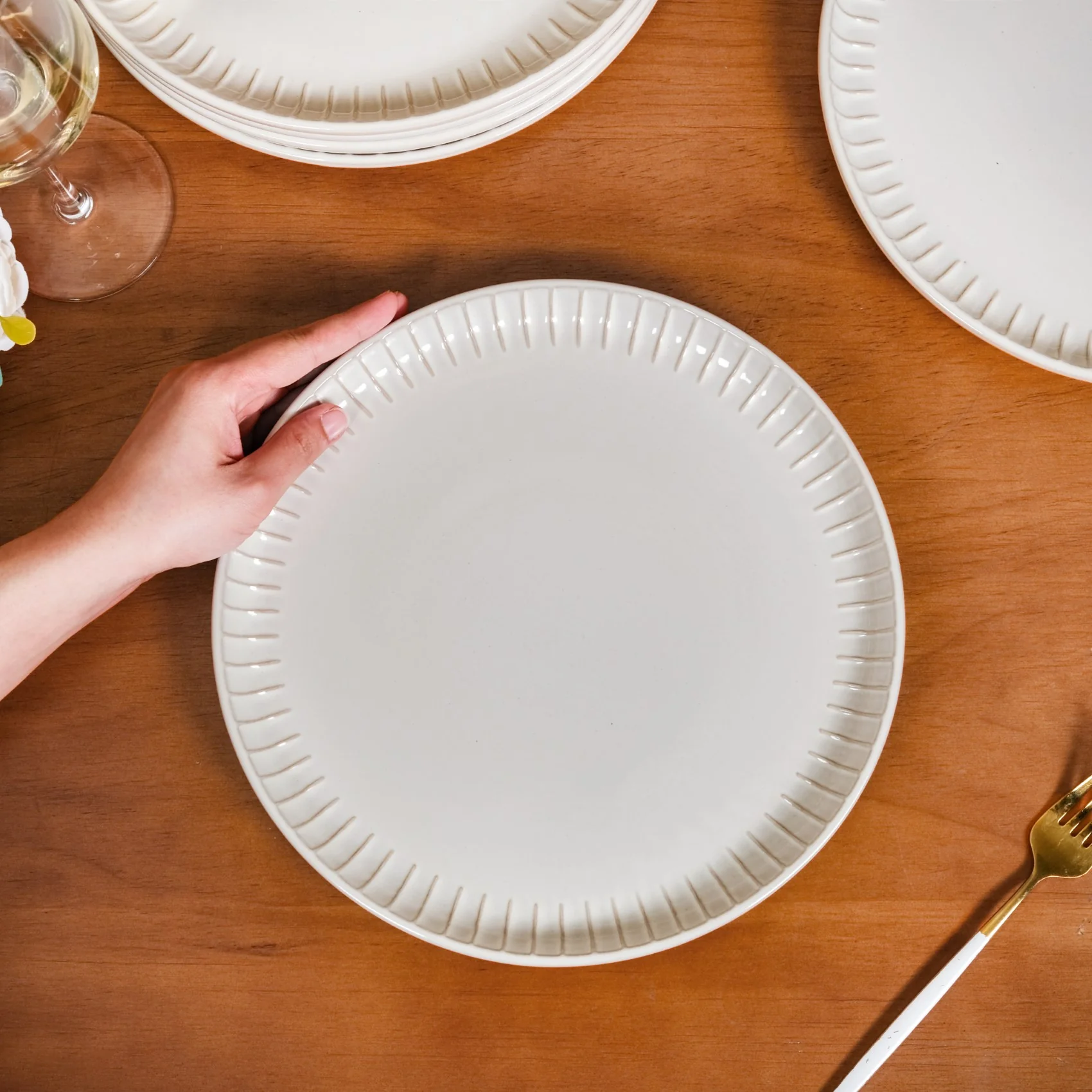 Set Of 6 Costola Ceramic Dinner Plate Grey 10 Inch - Image 3