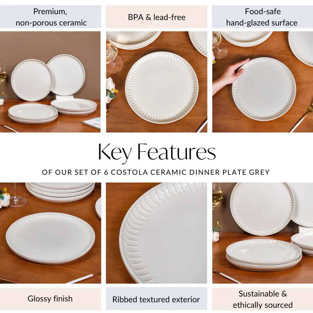 Set Of 6 Costola Ceramic Dinner Plate Grey 10 Inch - Image 5
