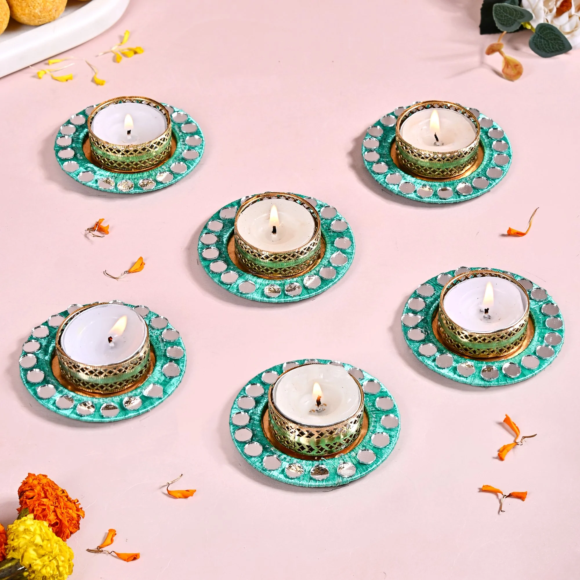 Set Of 6 Firozi Tea Light Holders With Mirrorwork - Image 2