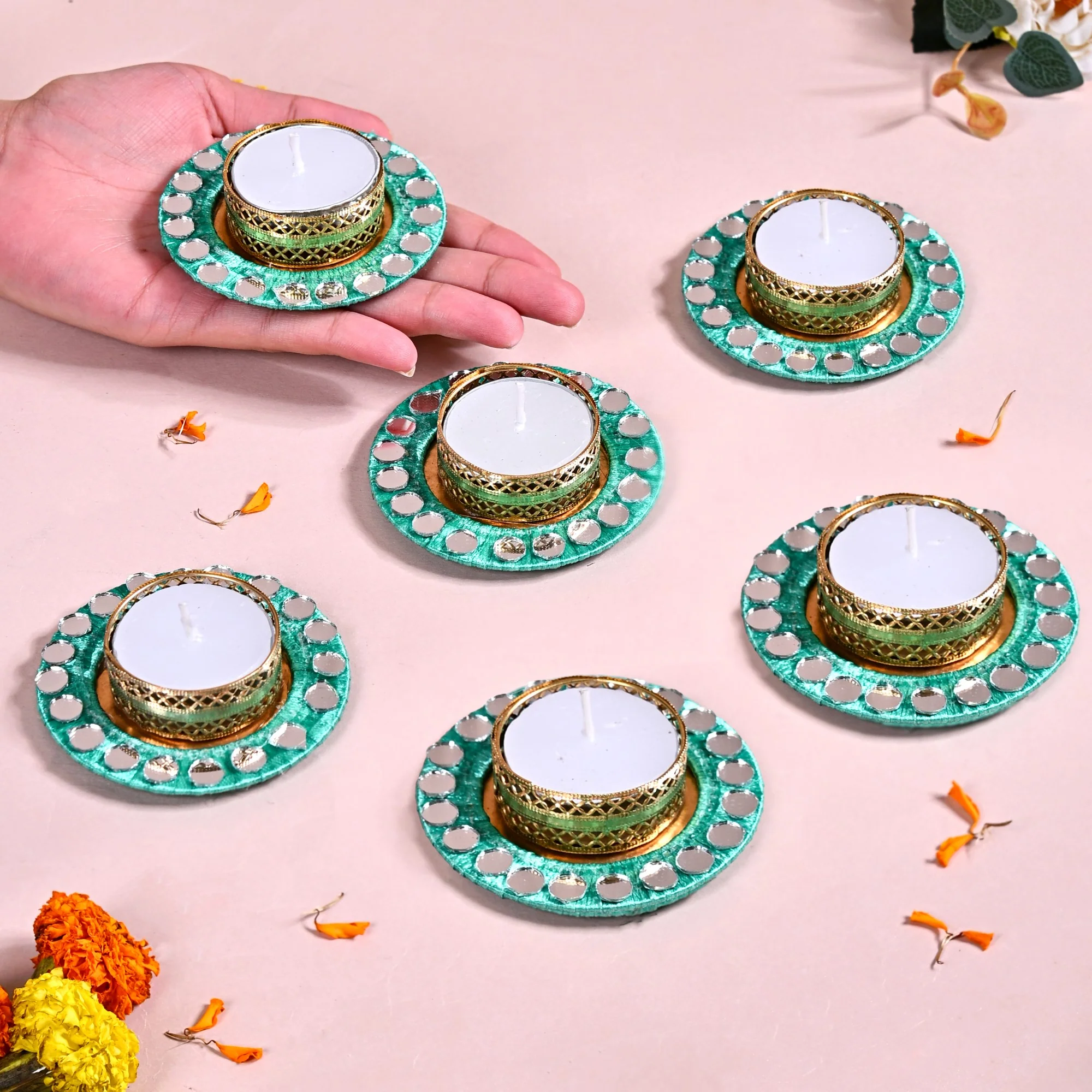 Set Of 6 Firozi Tea Light Holders With Mirrorwork - Image 3