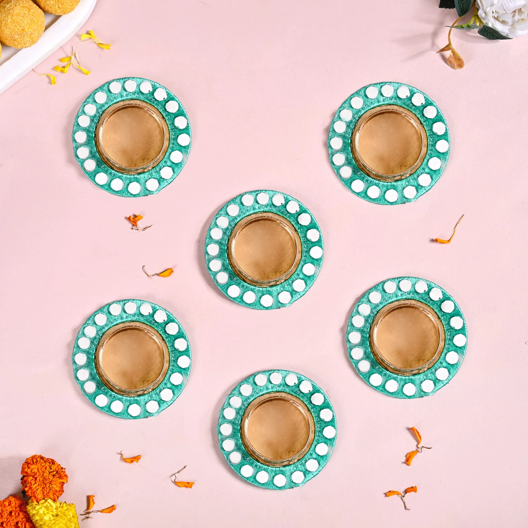 Set Of 6 Firozi Tea Light Holders With Mirrorwork - Image 6