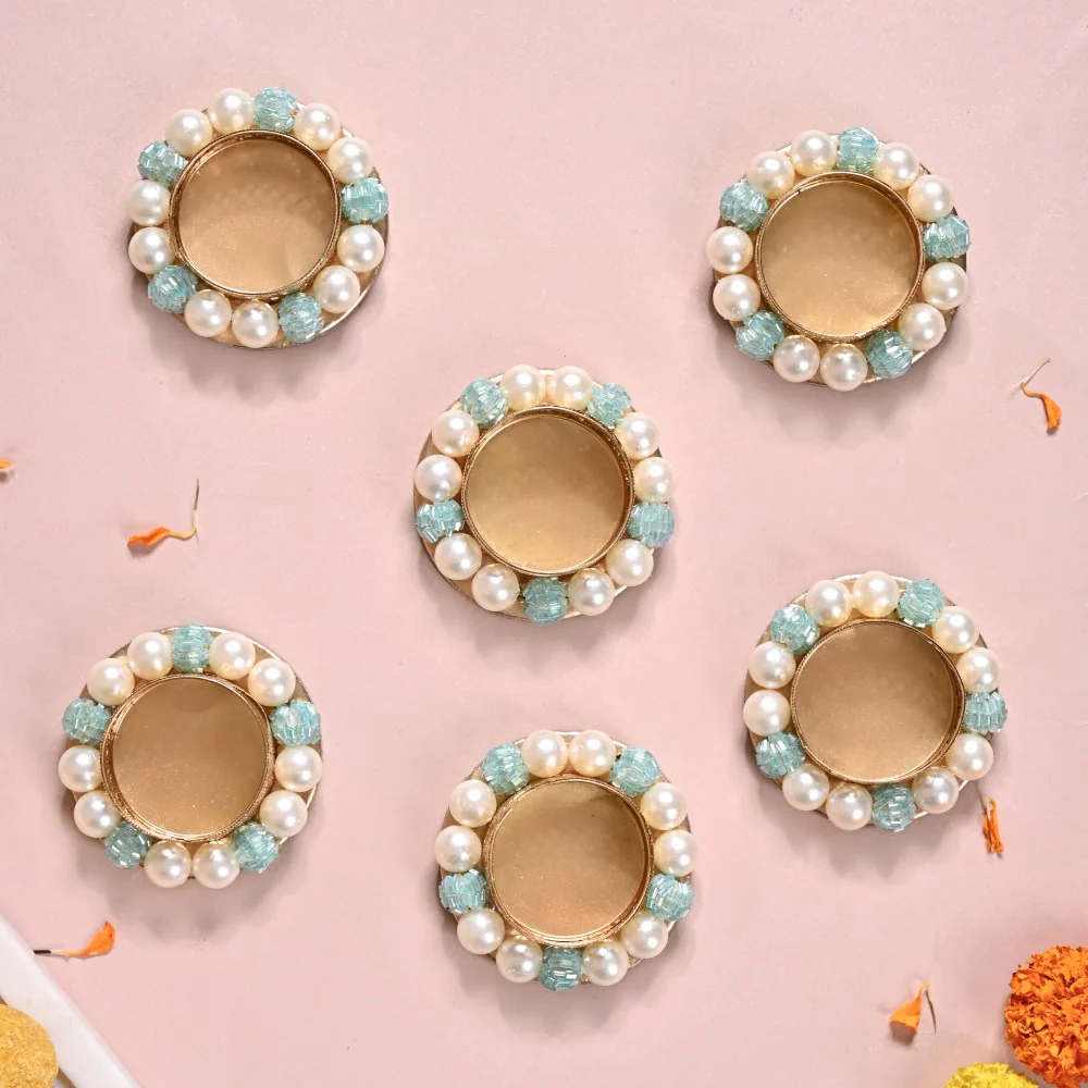 Set Of 6 Metal Tea Light Holders With Faux Pearls - Image 3
