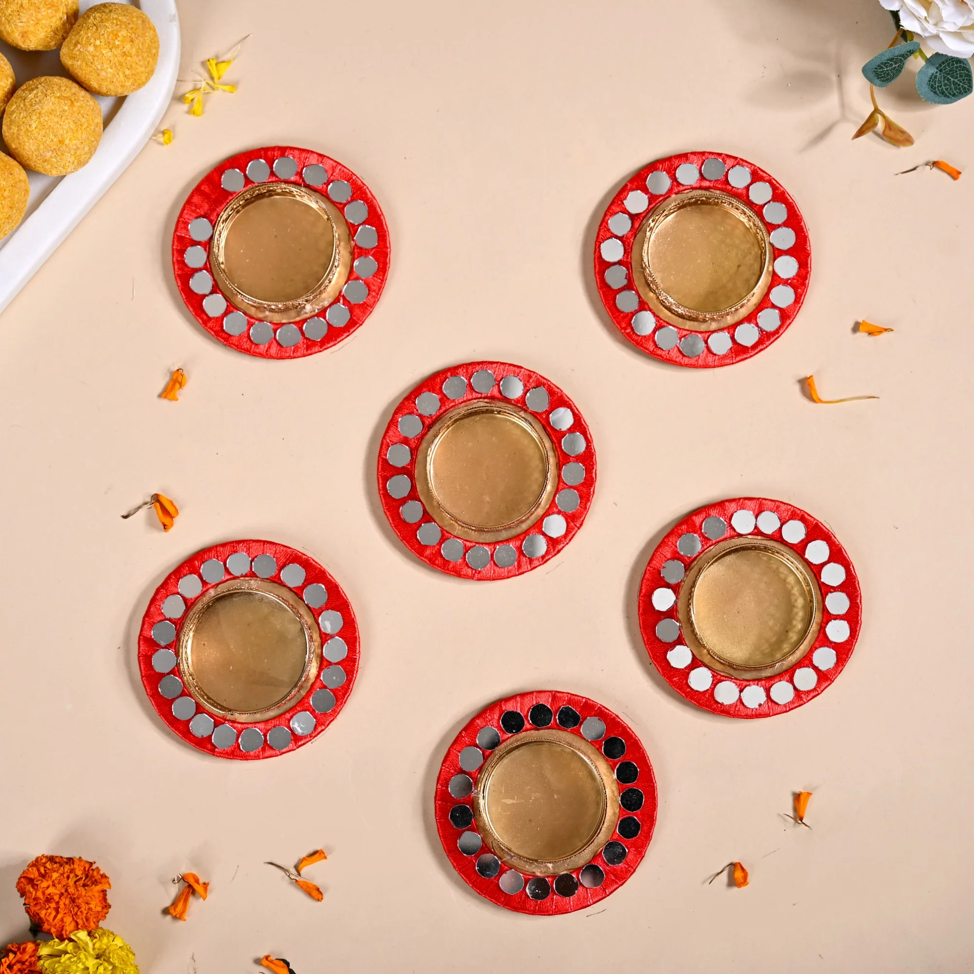 Set Of 6 Mirror Art Red Tea Light Holders - Image 6