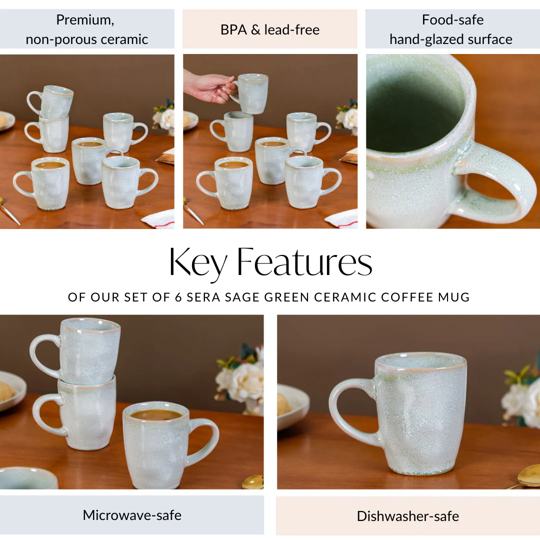 Set Of 6 Sera Light Green Ceramic Coffee Mug 250ml - Image 5