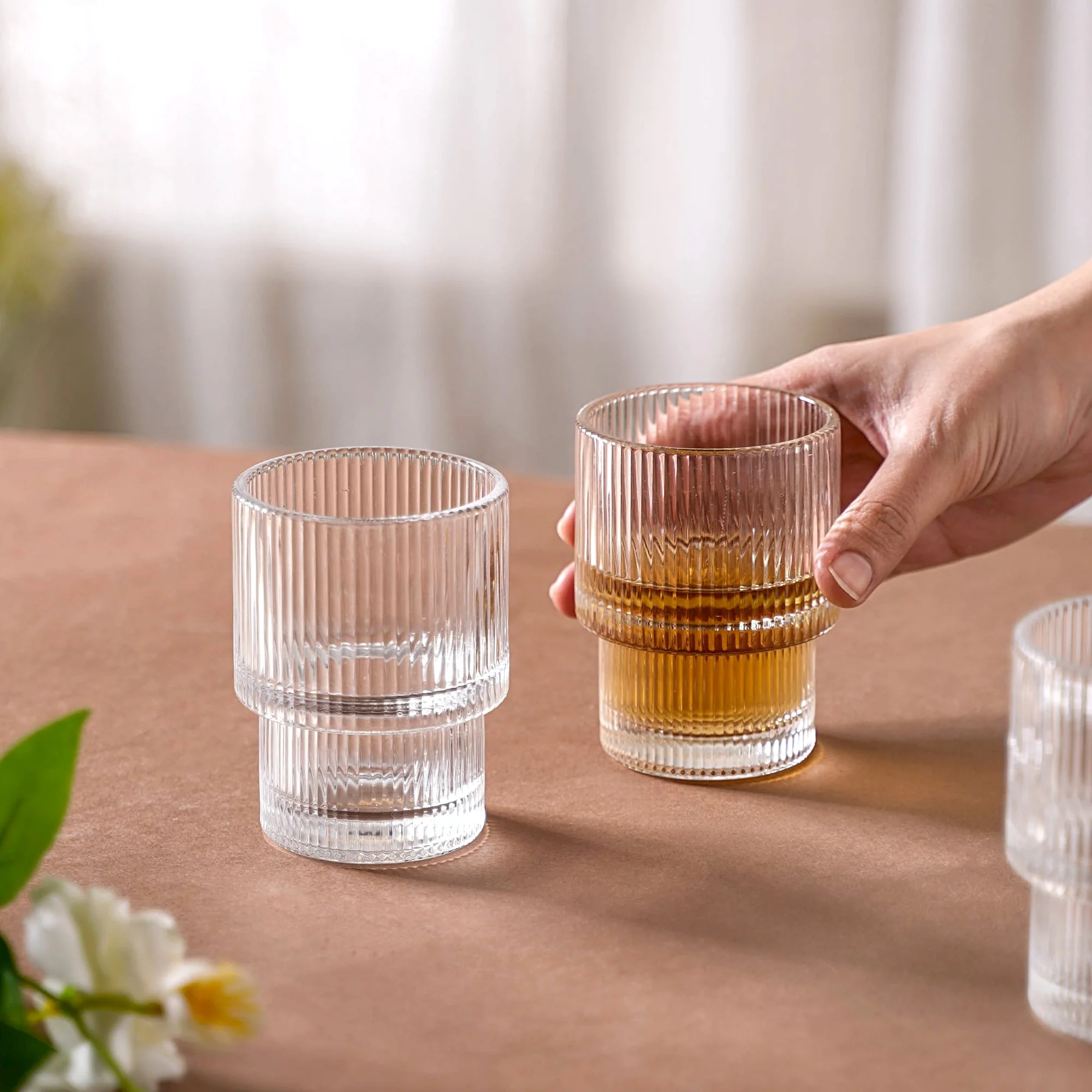 Set Of 6 Stackable Drinking Glasses Ribbed - Image 12