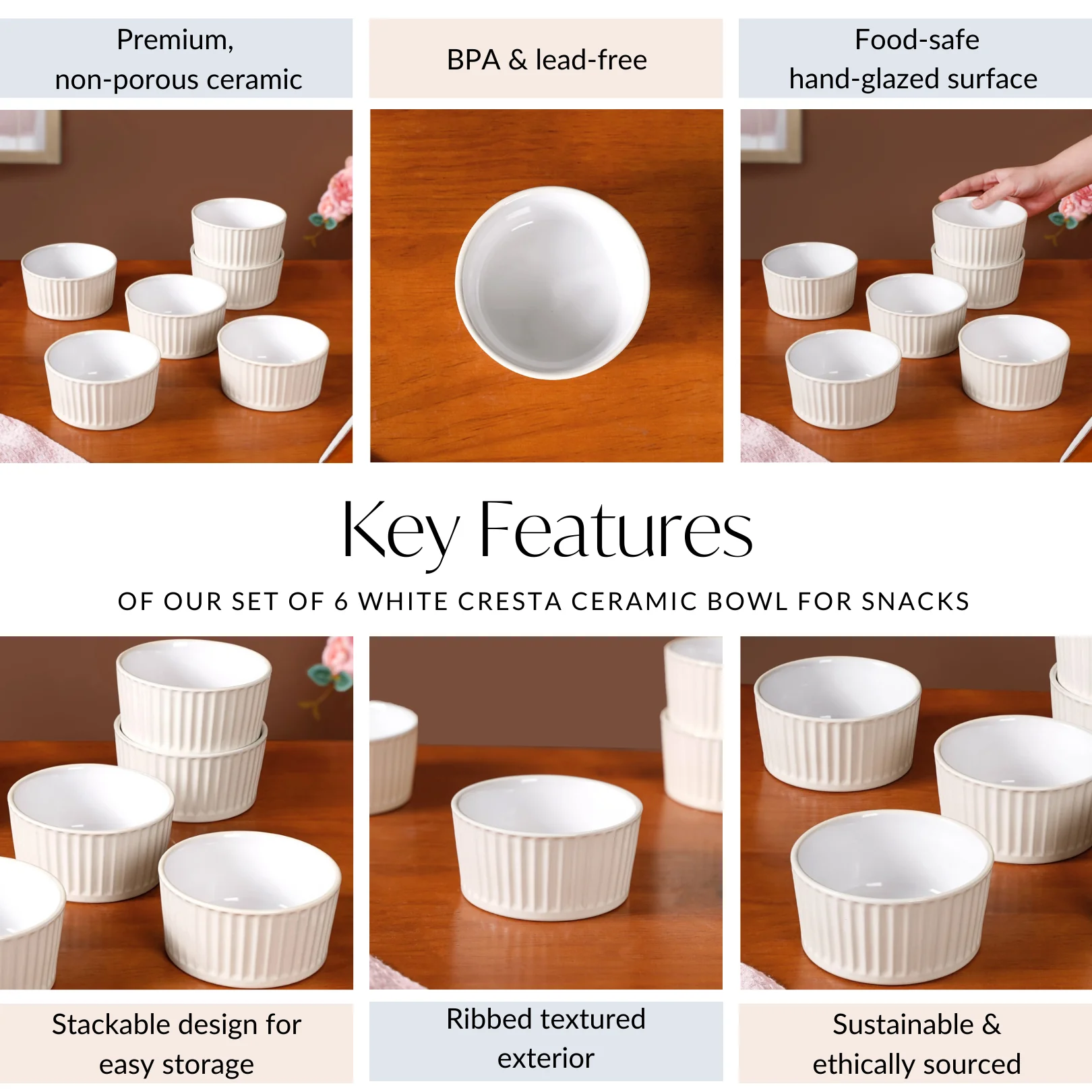 Set Of 6 White Cresta Ceramic Bowl For Snacks 400ml - Image 5