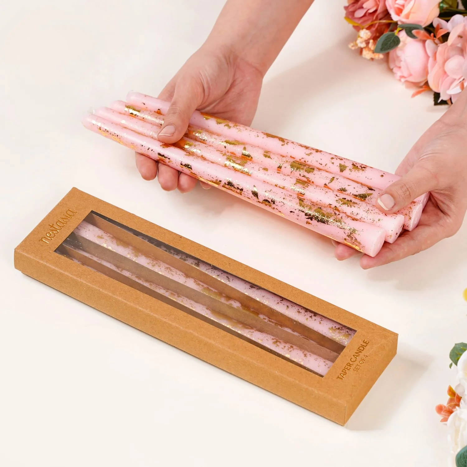 Set Of 8 Gold Glam Pink Taper Candles - Image 3