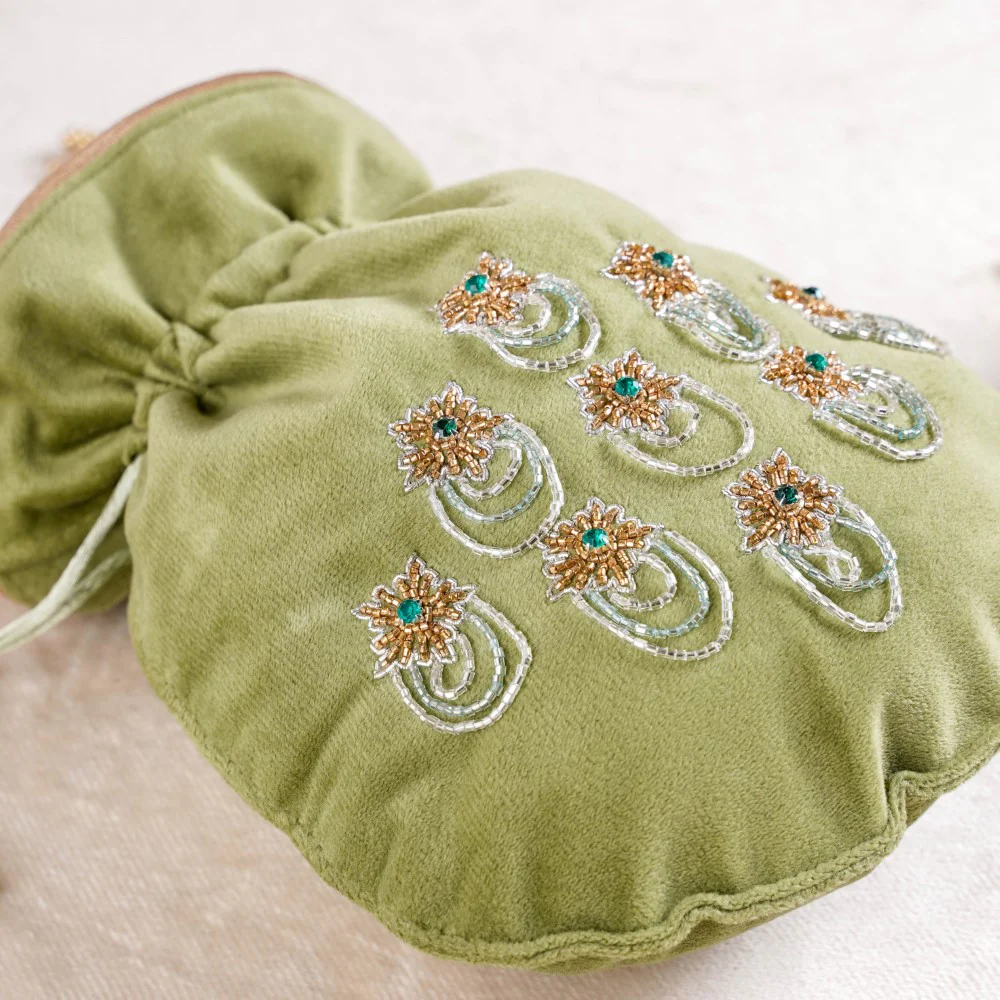 Shikara Orchids Velvet Potli Bag Smoky Green - Image 5