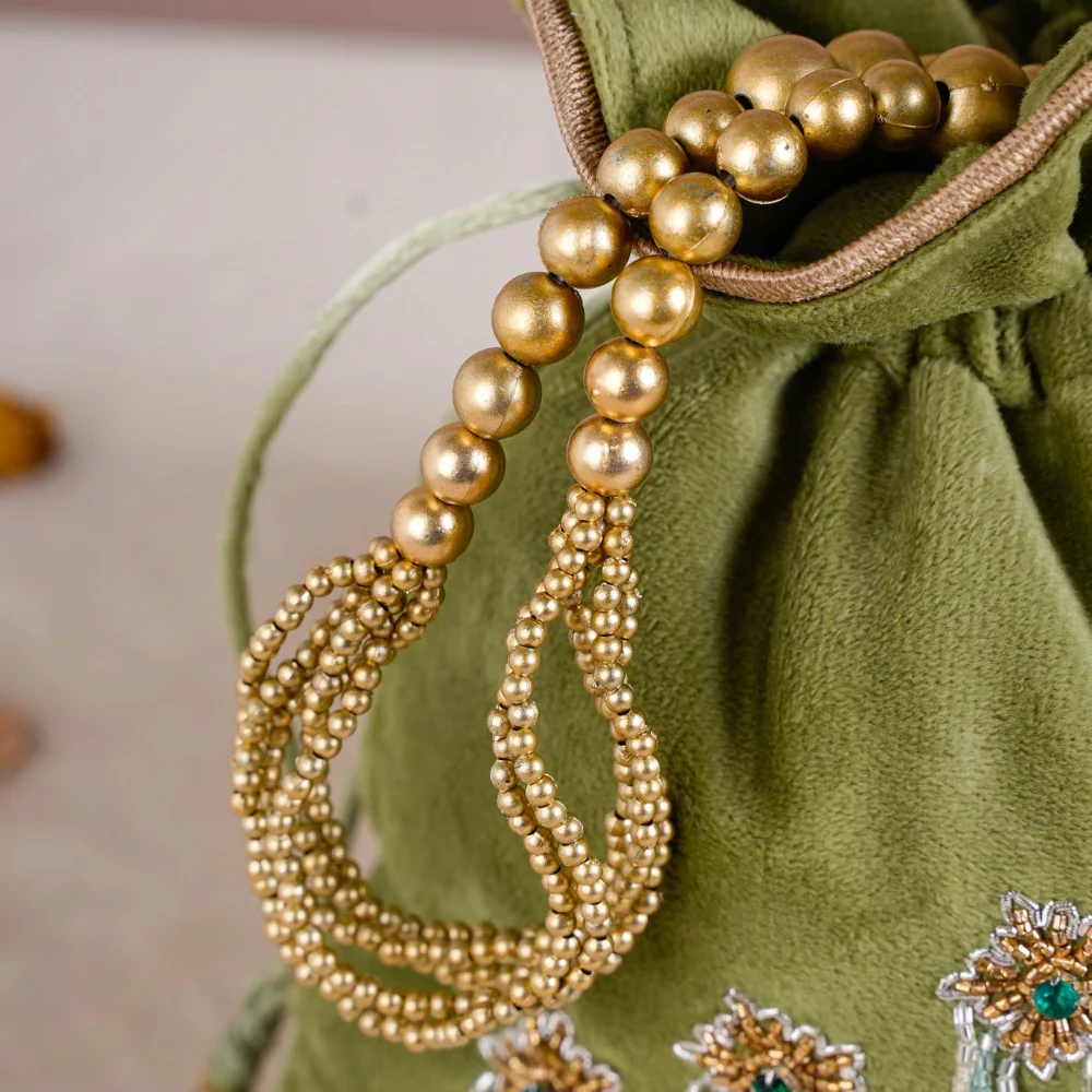 Shikara Orchids Velvet Potli Bag Smoky Green - Image 6
