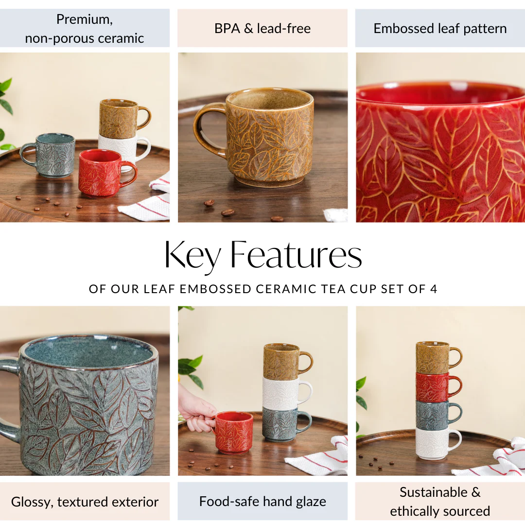 Sienna Leaf Embossed Ceramic Tea Cup Set Of 4 250ml - Image 5