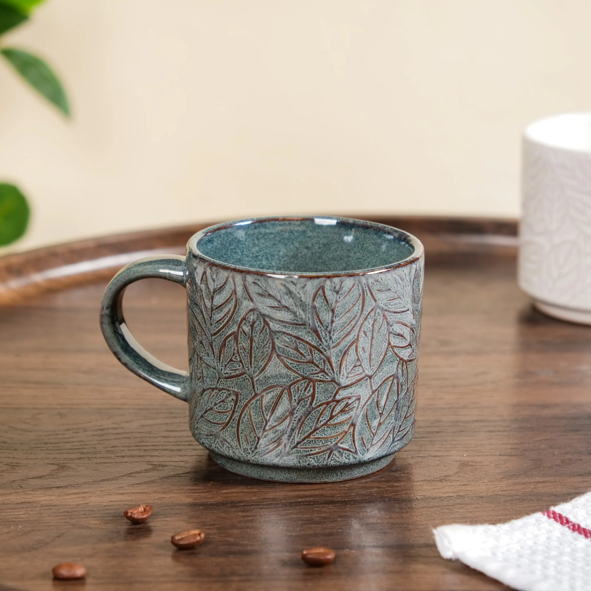 Sienna Leaf Embossed Ceramic Tea Cup Set Of 4 250ml - Image 8