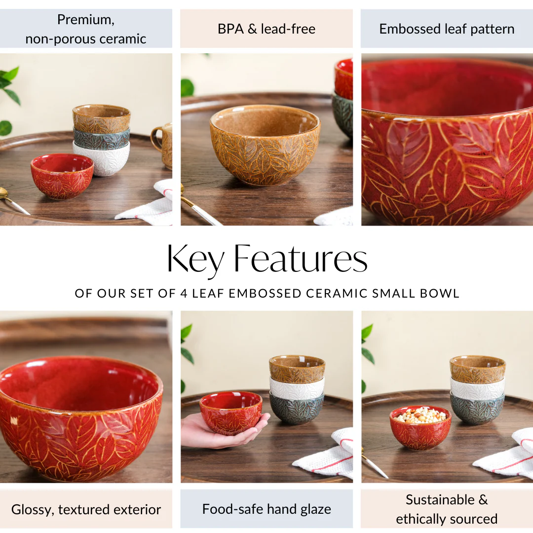 Sienna Set Of 4 Leaf Embossed Ceramic Small Bowl 250ml - Image 5