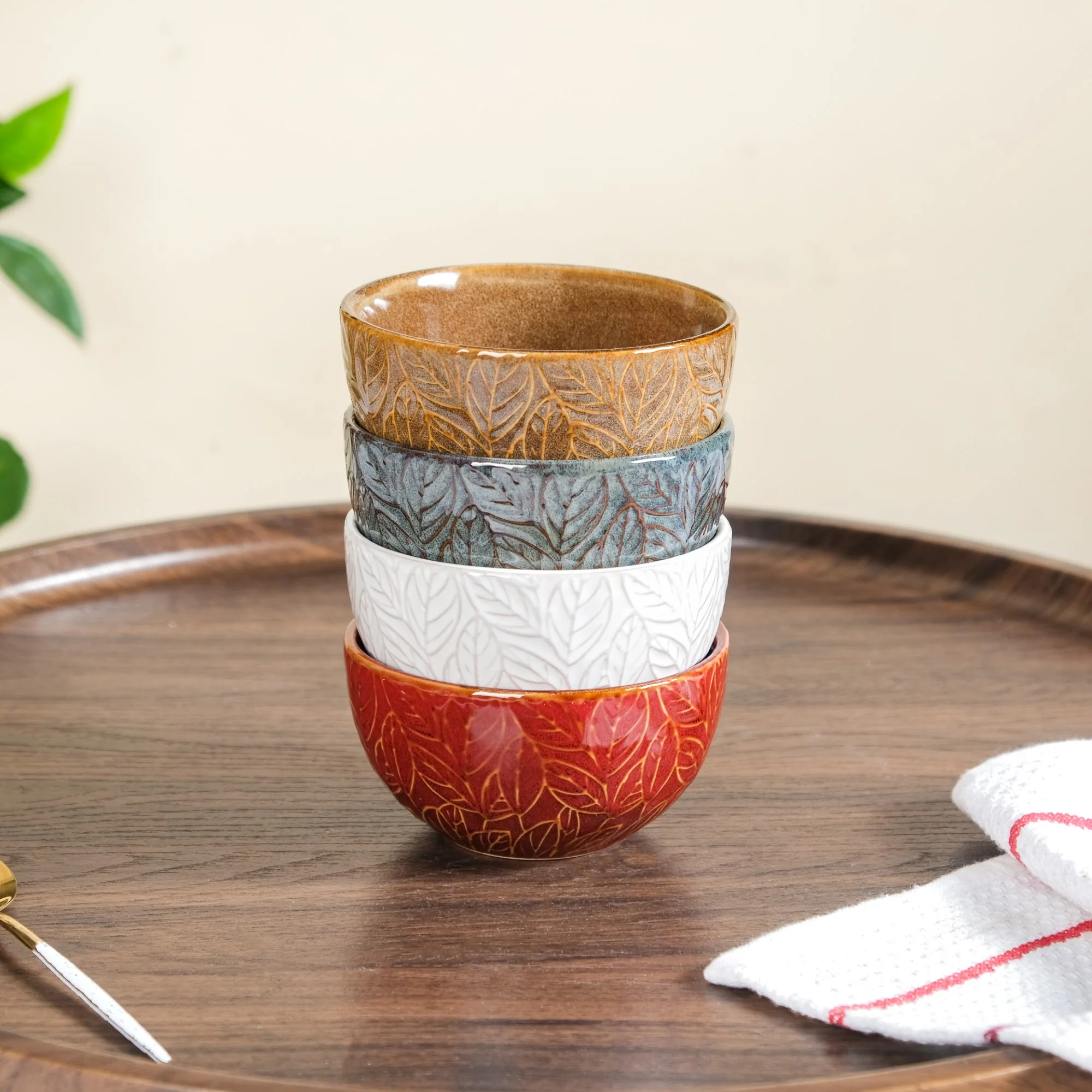 Sienna Set Of 4 Leaf Embossed Ceramic Small Bowl 250ml - Image 6