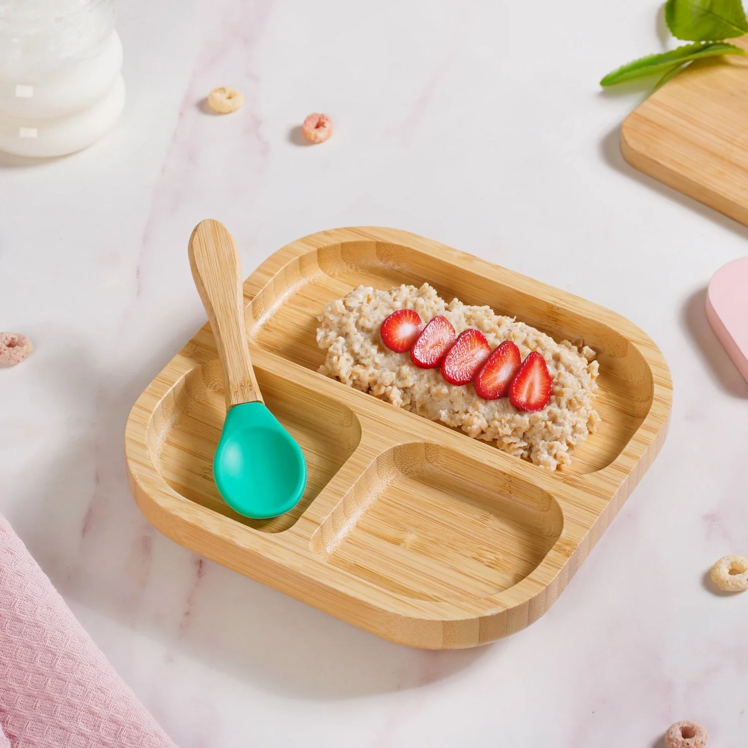 Silicone Suction Base Wooden Plate For Kids With Spoon - Image 2