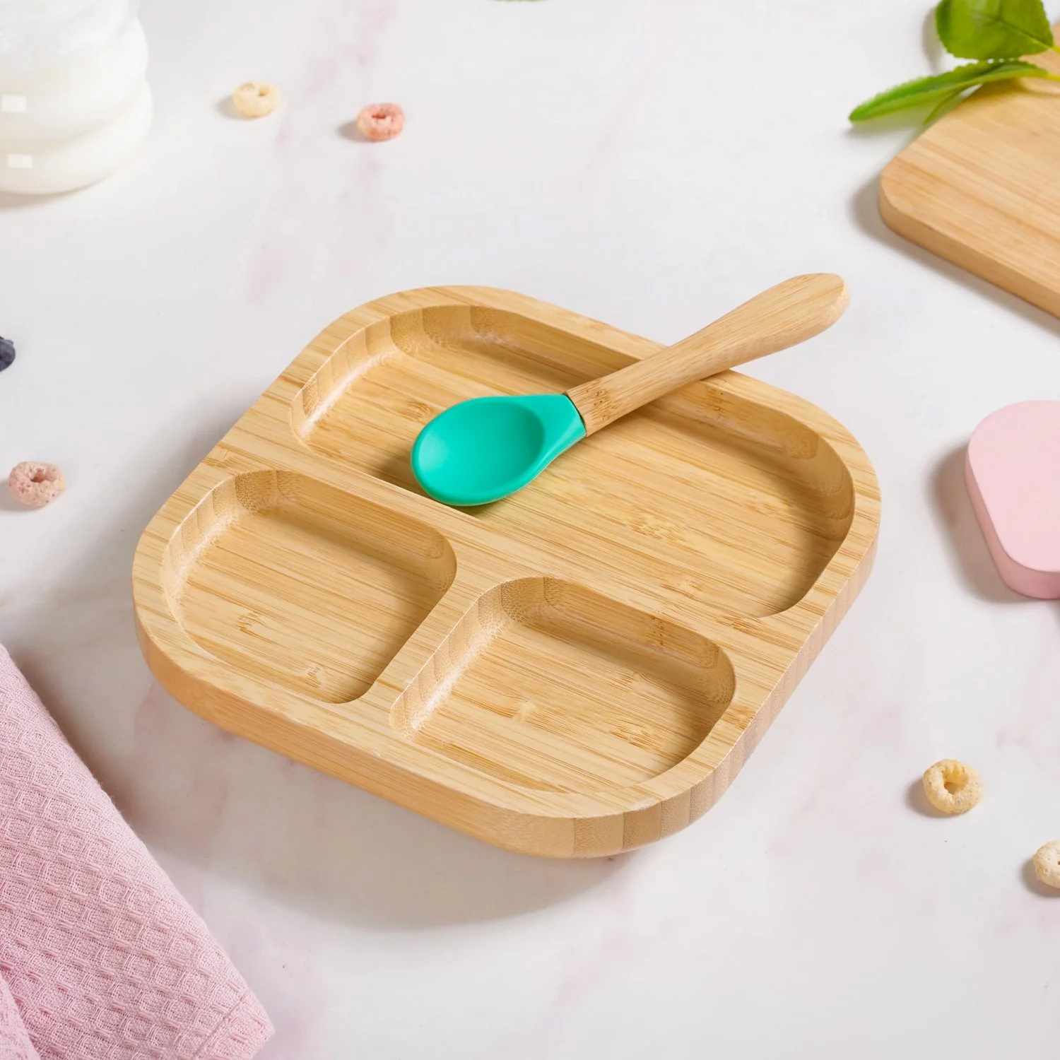 Silicone Suction Base Wooden Plate For Kids With Spoon - Image 7